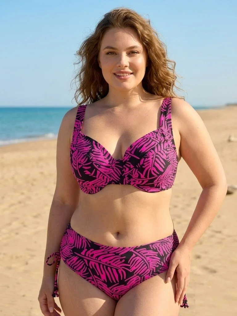 Costum de baie 2 piese marimi mari roz cu imprimeu tropical si sutien cu sustinere lm068