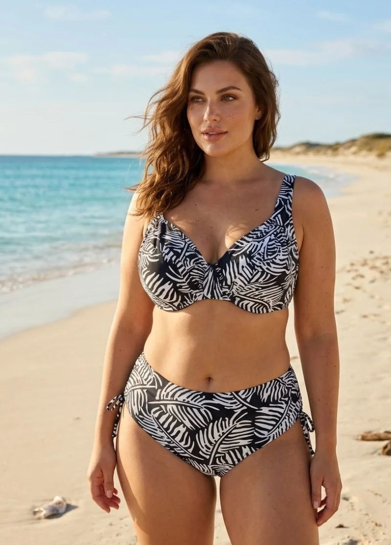 Costum de baie 2 piese marimi mari negru alb cu imprimeu tropical si sutien cu sustinere lm068