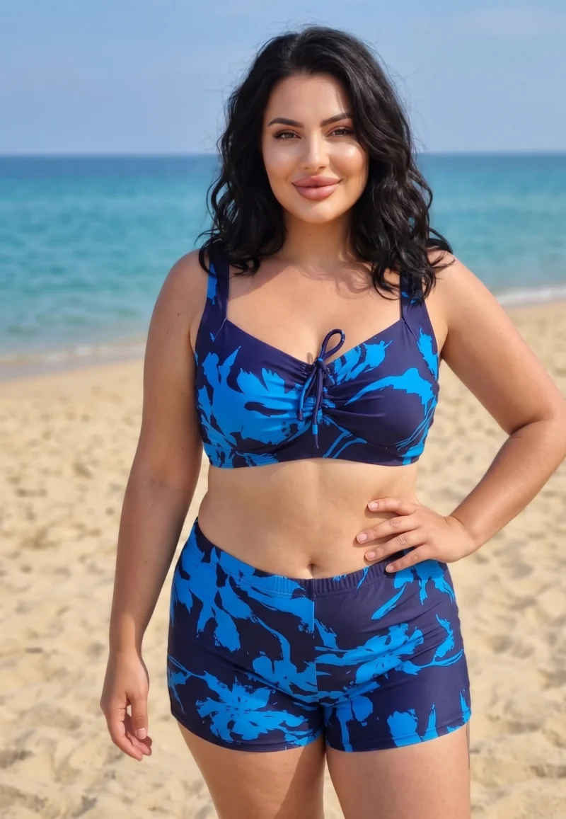 Costum de baie dama 2 piese marimi mari  cu Pantaloni Scurti si Bustiera Reglabila -Floral Albastru f2505
