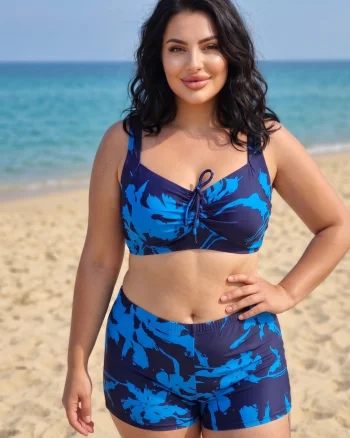 Costum de baie dama 2 piese marimi mari  cu Pantaloni Scurti si Bustiera Reglabila -Floral Albastru f2505