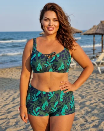 Costum de baie dama 2 piese marimi mari  cu Pantaloni Scurti si Bustiera verde f2505