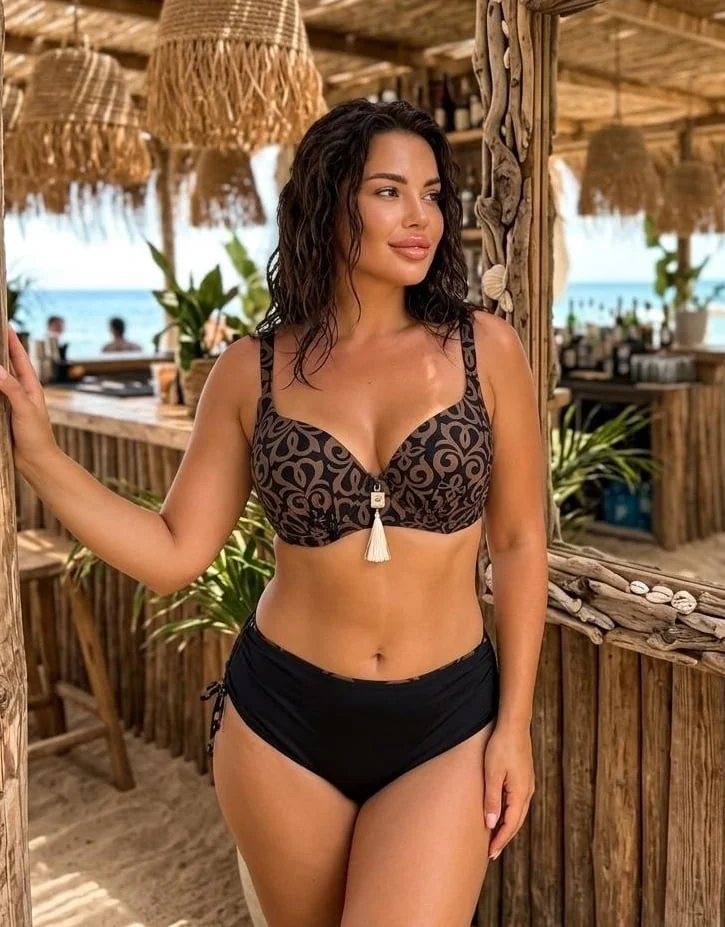 Costum de Baie Dama 2 Piese , Slip Talie Inalta si Sutien cu Imprimeu Lm083 negru