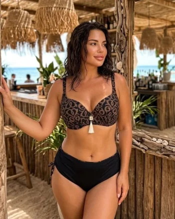 Costum de Baie Dama 2 Piese , Slip Talie Inalta si Sutien cu Imprimeu Lm083 negru