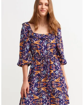 Rochie evazata cu model, Portocaliu/Ametist