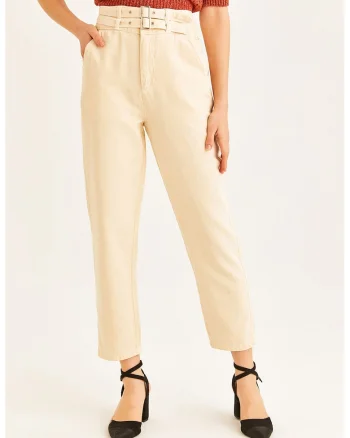 Pantaloni uni cu talie inalta, Bej deschis