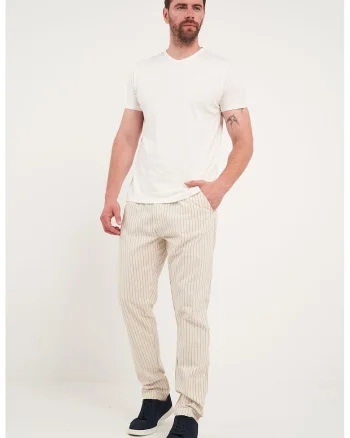 Pantaloni din bumbac cu model in dungi, Bej deschis