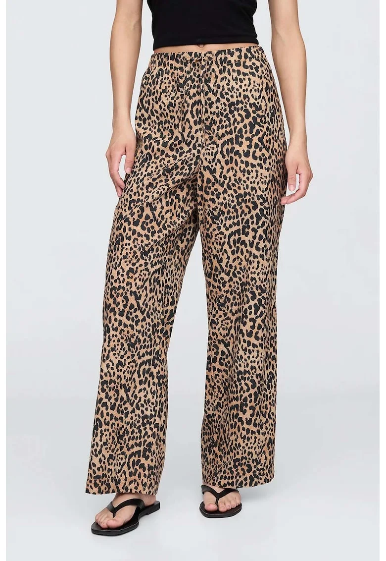 Pantaloni cu croiala ampla si animal print, Negru/Bej
