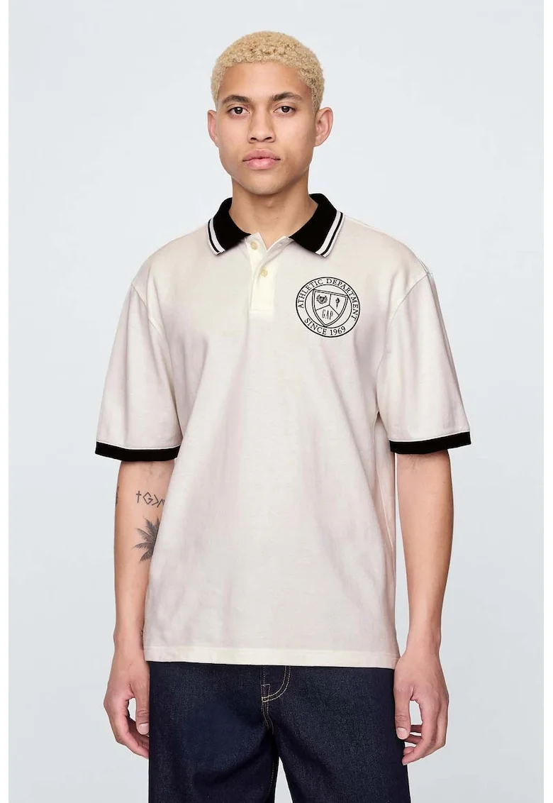 Tricou polo lejer cu detalii contrastante, Alb fildes/Negru