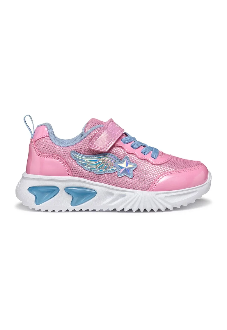 Pantofi sport de plasa cu velcro si garnituri din material sintetic, Albastru prafuit/Alb murdar/Roz prafuit