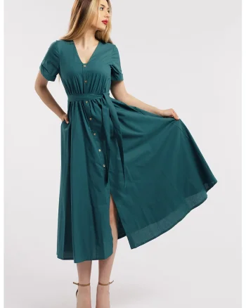 Rochie-camasa cu cordon in talie, Verde inchis