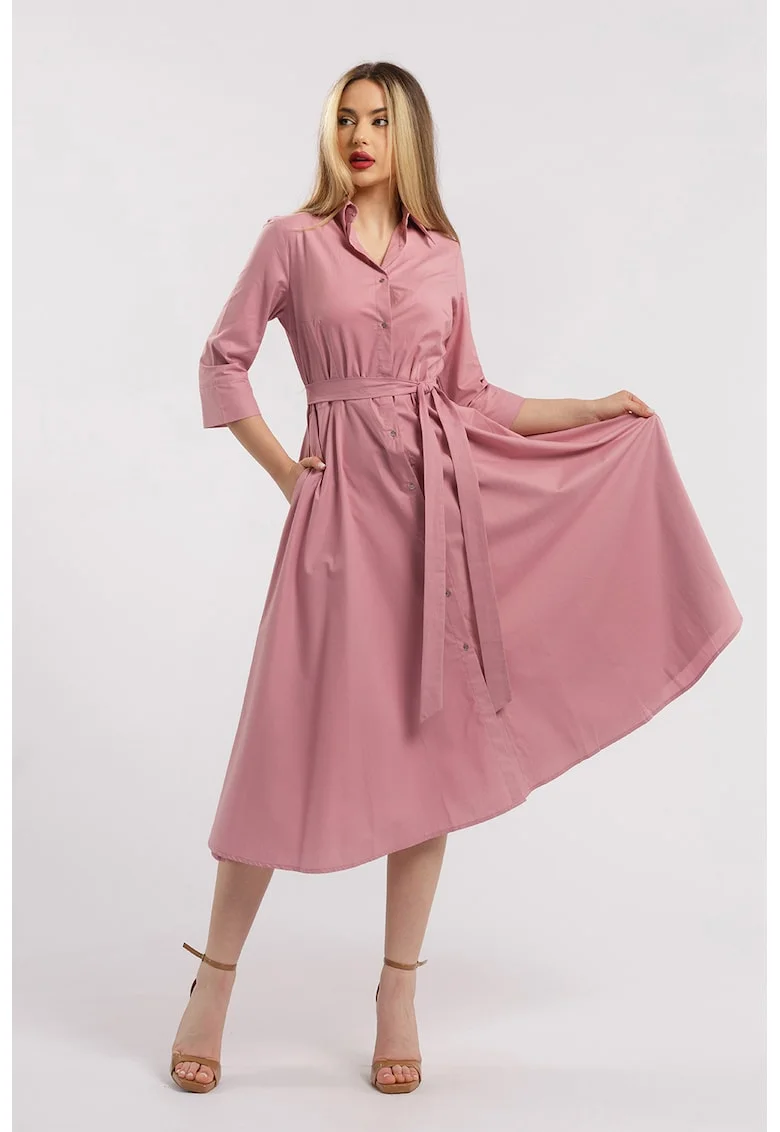 Rochie-camasa evazata cu cordon in talie, Roz prafuit