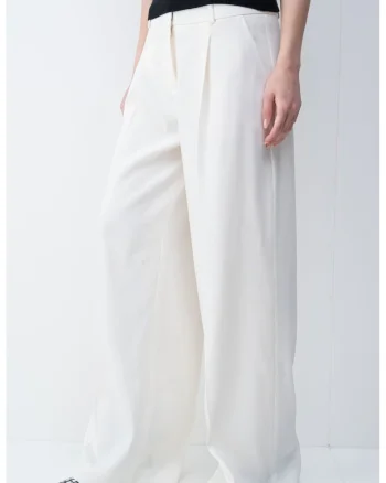 Pantaloni din amestec de in cu croiala ampla, Alb fildes