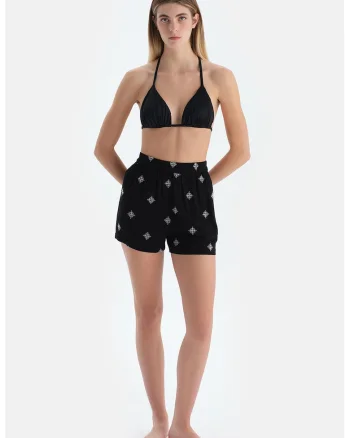 Pantaloni scurti cu model si talie inalta, Alb/Negru