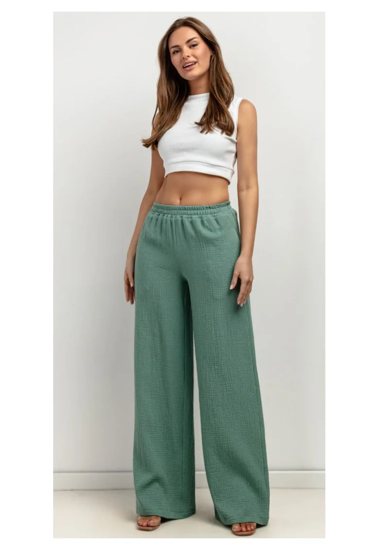Pantaloni texturati cu croiala ampla si talie elastica