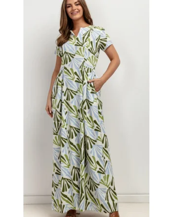 Rochie din amestec de in cu imprimeu si buzunare laterale