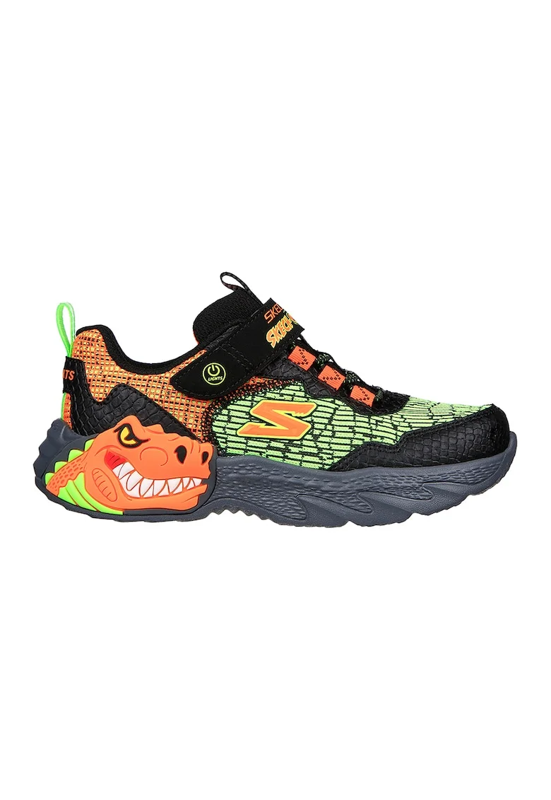 Pantofi sport cu LED-uri cu tematica dinozaur, Negru/Portocaliu/Verde lime
