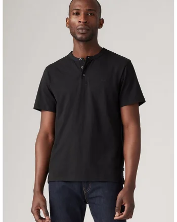 Tricou de bumbac cu fenta scurta cu nasturi, Negru