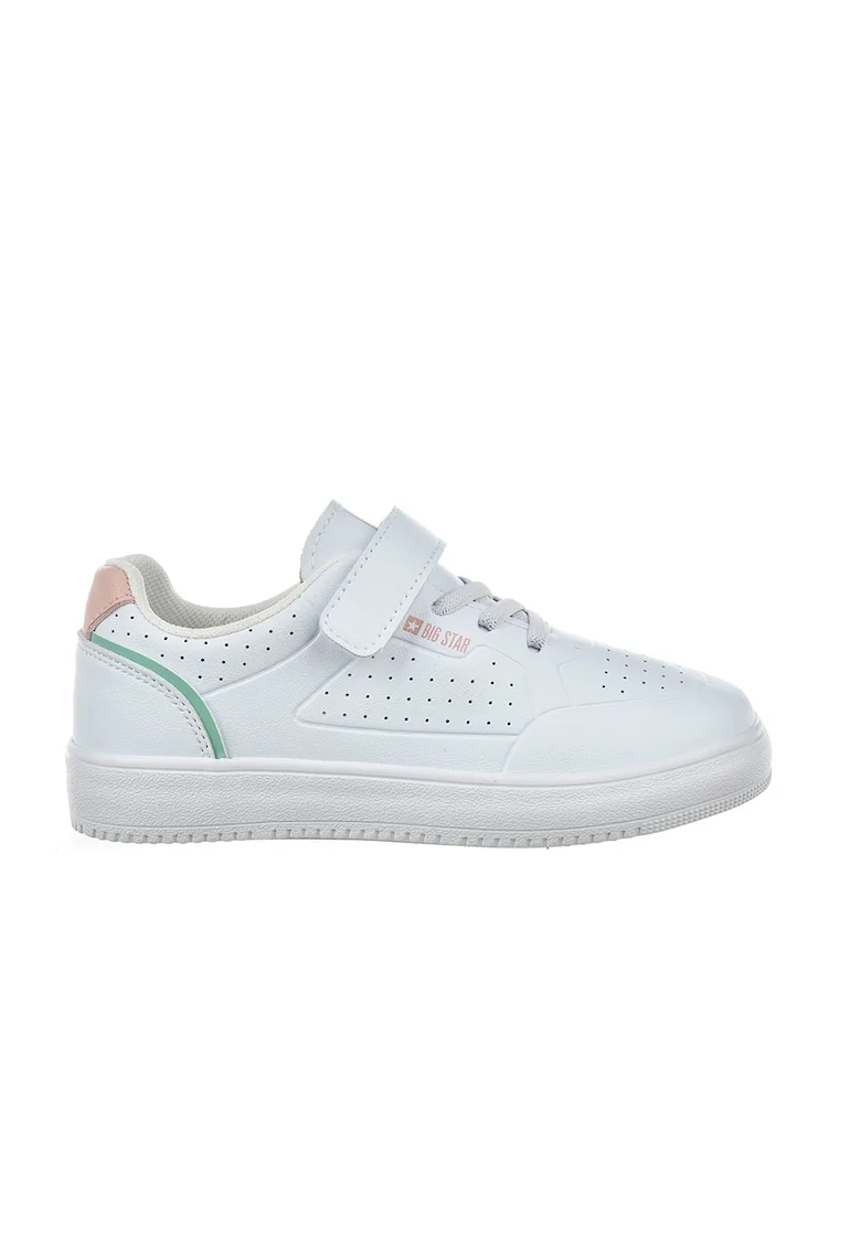Pantofi sport de piele ecologica cu bareta velcro, Alb/Roz somon