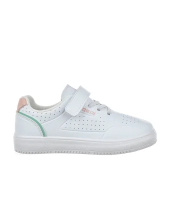 Pantofi sport de piele ecologica cu bareta velcro, Alb/Roz somon