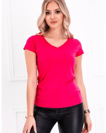Tricou de bumbac cu decolteu in V, Roz