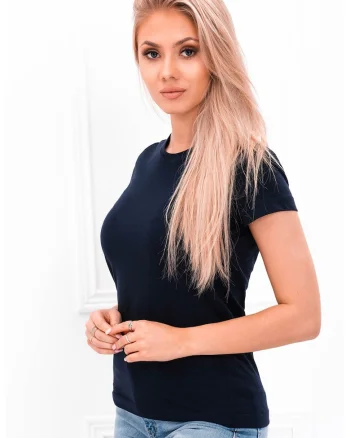 Tricou de bumbac cu decolteu la baza gatului, Bleumarin