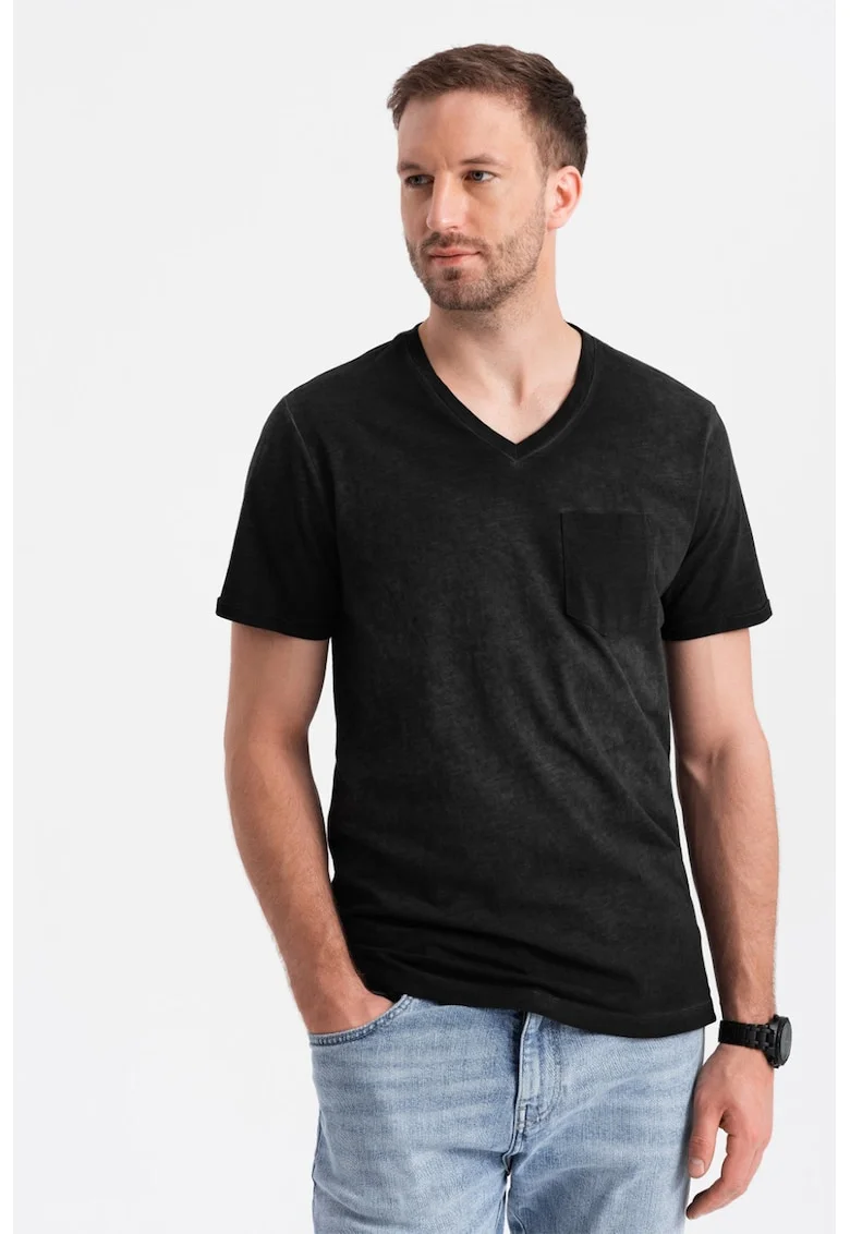 Tricou din bumbac cu decolteu in V si buzunar pe piept, Negru stins