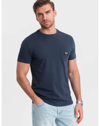 Tricou cu decolteu la baza gatului si buzunar pe piept, Bleumarin