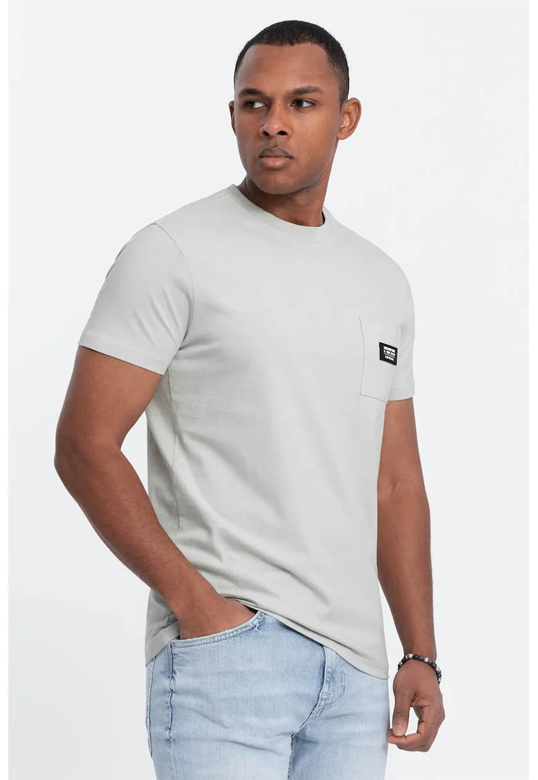 Tricou cu decolteu la baza gatului si buzunar pe piept, Gri deschis