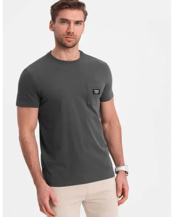 Tricou cu decolteu la baza gatului si buzunar pe piept, Gri inchis