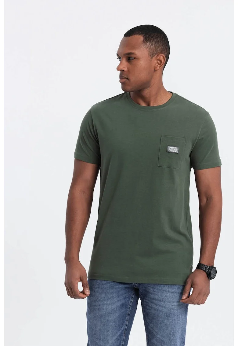 Tricou cu decolteu la baza gatului si buzunar pe piept, Verde inchis