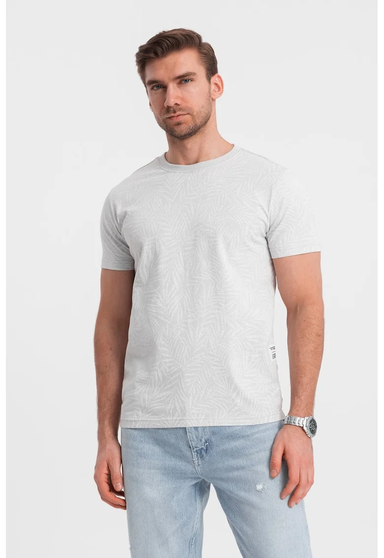 Tricou cu model si decolteu la baza gatului, Gri deschis