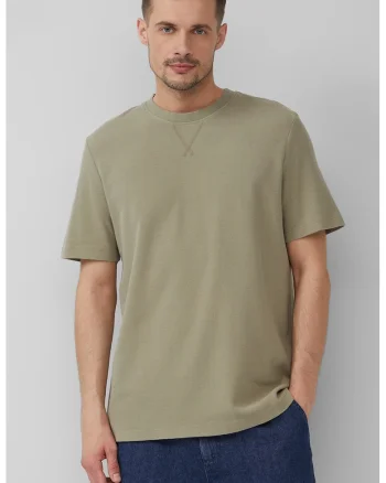 Tricou din bumbac cu decolteu la baza gatului, Kaki