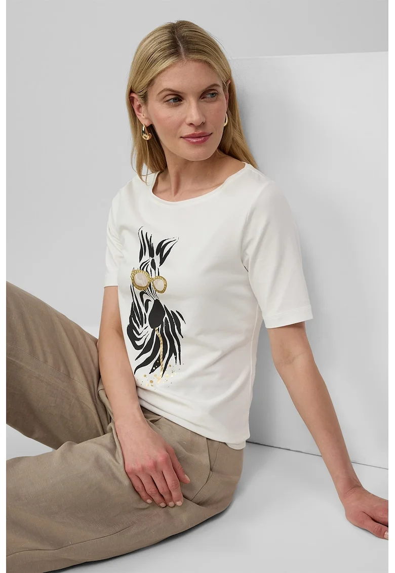 Tricou slim fit cu decolteu la baza gatului, Alb/Auriu/Negru