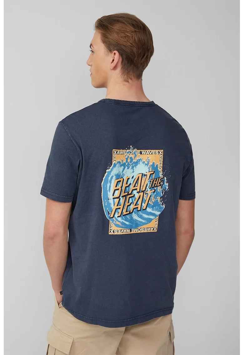 Tricou cu model grafic frontal si pe partea din spate, Alb/Albastru inchis/Portocaliu pal