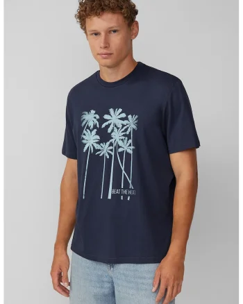 Tricou din bumbac cu model tropical, Albastru glaciar/Bleumarin