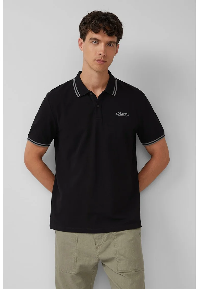 Tricou polo cu imprimeu logo discret, Negru/Gri cenusiu