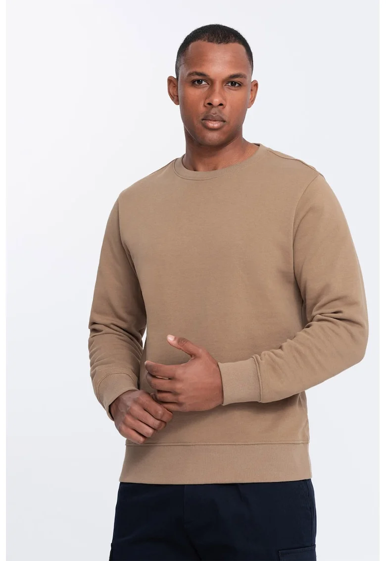 Bluza de trening din bumbac cu decolteu la baza gatului, Maro camel