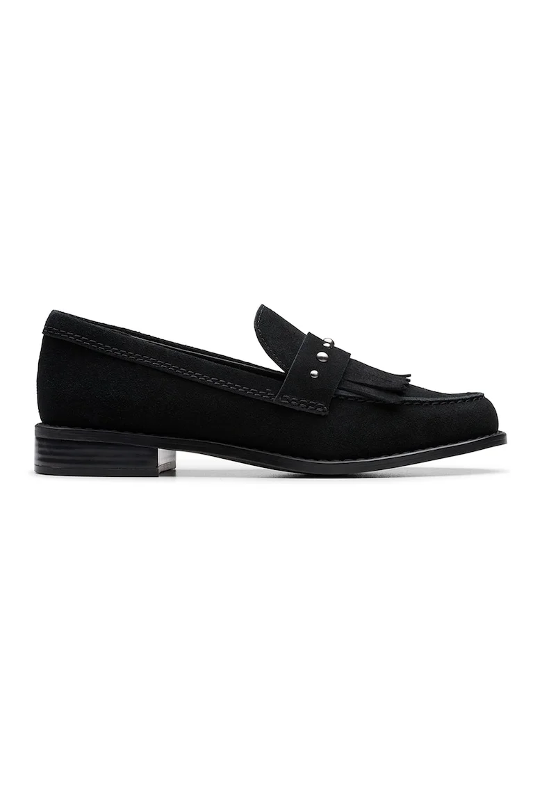 Pantofi loafer de piele intorsa cu franjuri Hana, Negru