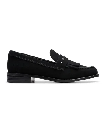 Pantofi loafer de piele intorsa cu franjuri Hana, Negru