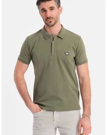 Tricou polo cu fenta cu fermoar, Kaki