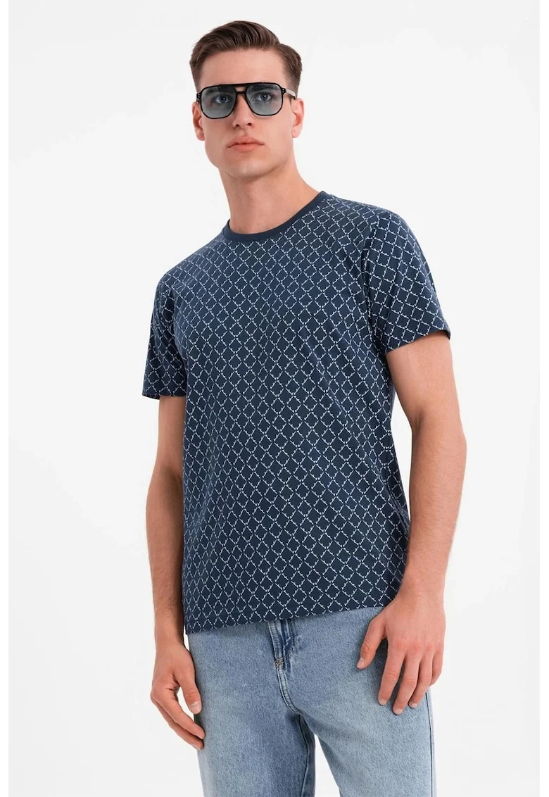 Tricou cu decolteu la baza gatului si model geometric, Alb murdar/Bleumarin