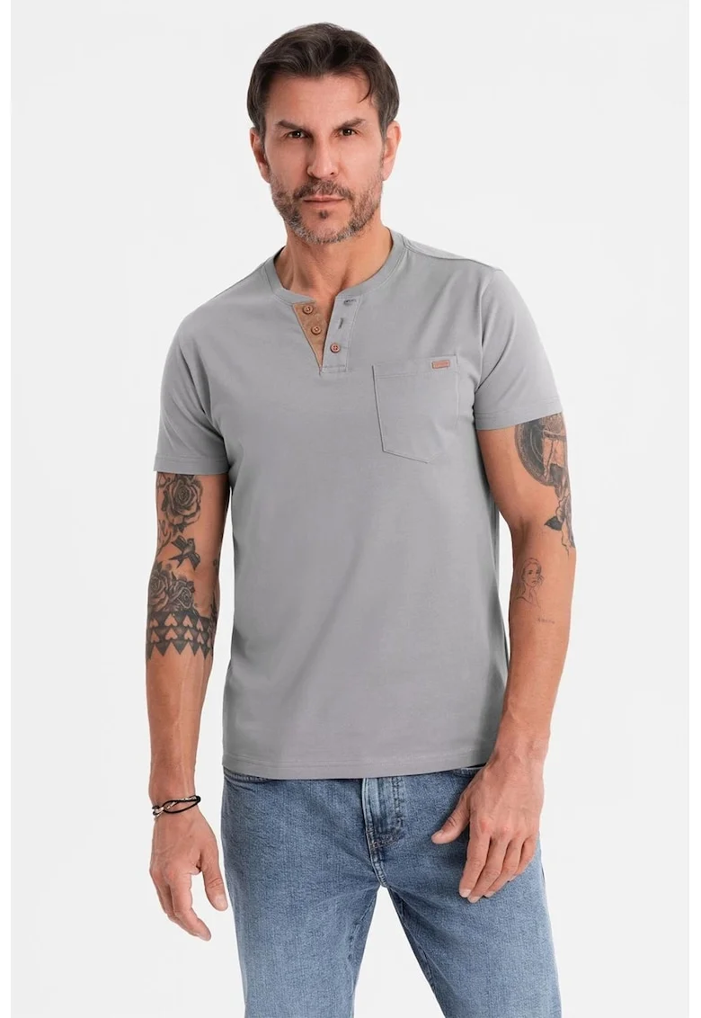 Tricou din bumbac cu fenta cu nasturi, Gri inchis