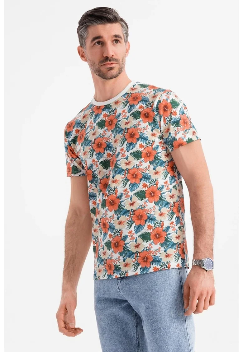 Tricou din bumbac cu model floral, Alb/Verde/Portocaliu