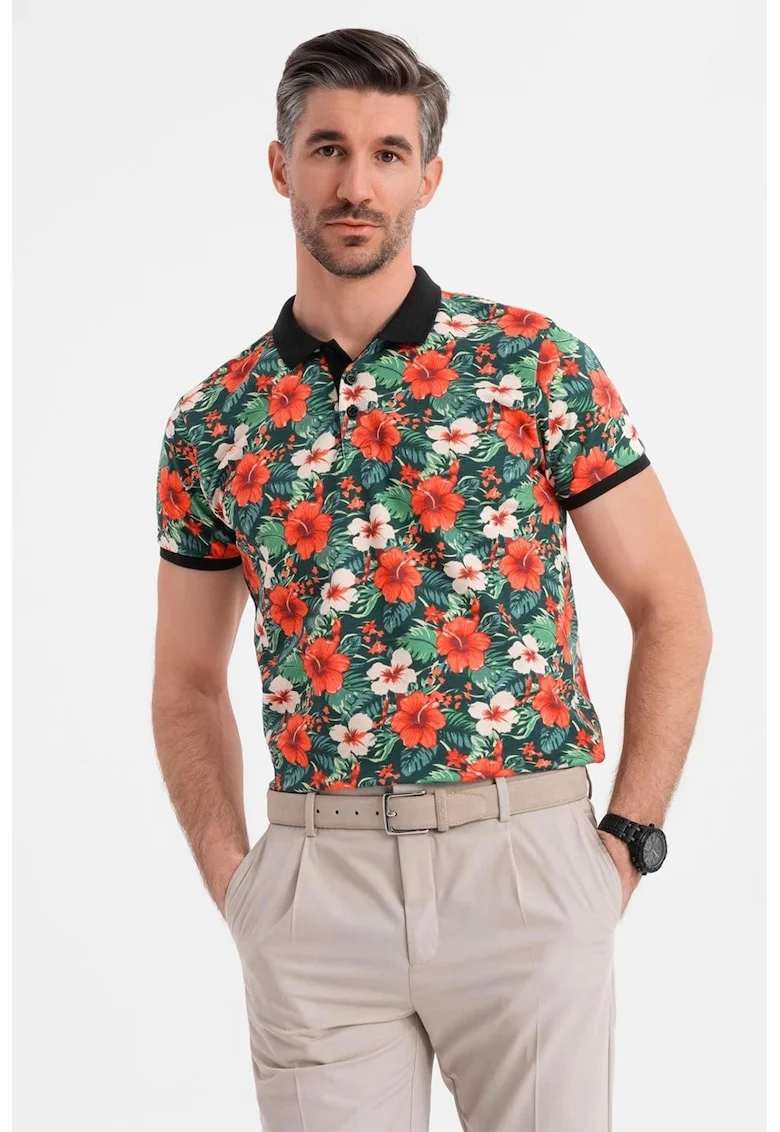 Tricou polo cu model floral, Verde/Negru/Portocaliu mandarina