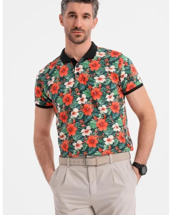 Tricou polo cu model floral, Verde/Negru/Portocaliu mandarina