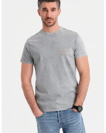 Tricou cu decolteu la baza gatului si imprimeu pe spate, Gri