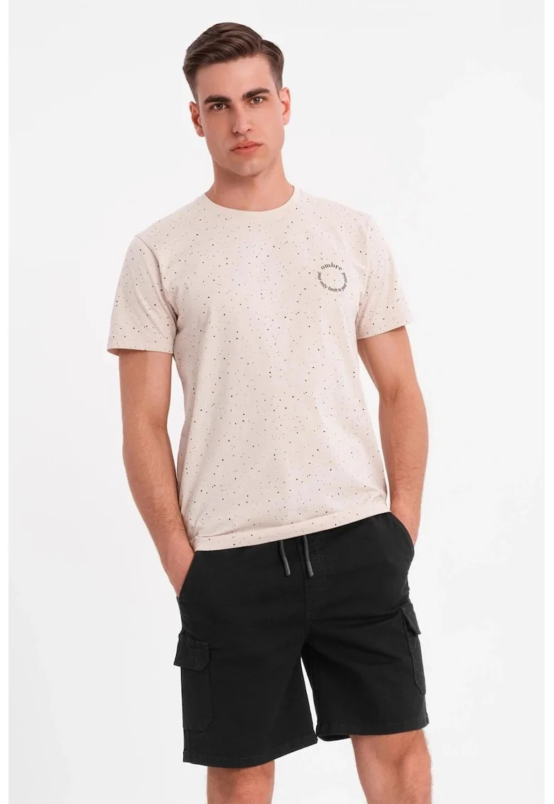 Tricou de bumbac cu pete decorative, Negru/Bej/Albastru