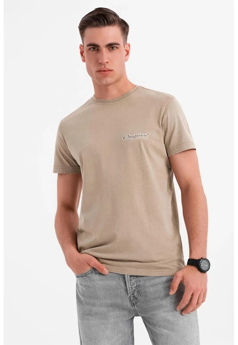 Tricou cu decolteu la baza gatului si imprimeu pe spate, Bej inchis