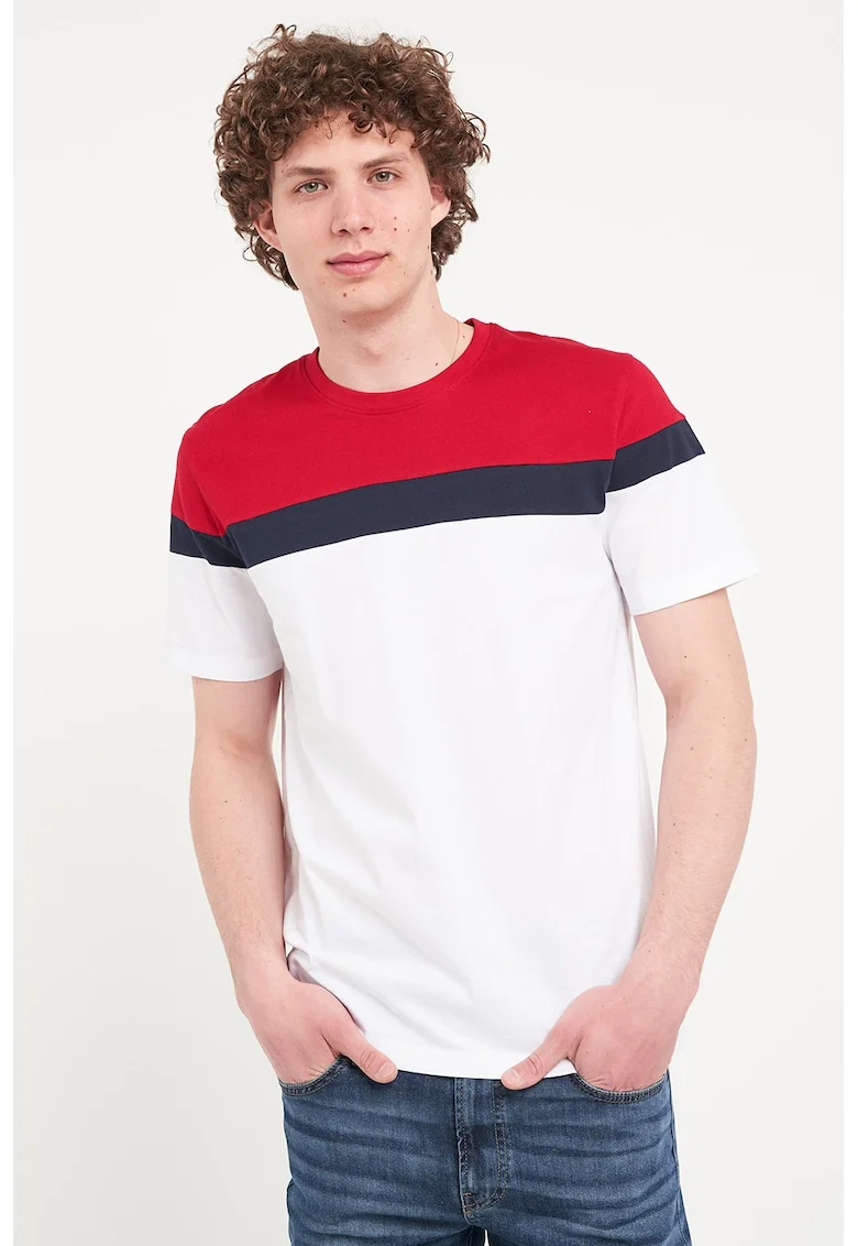 Tricou de bumbac cu decolteu la baza gatului, Rosu/Alb/Bleumarin