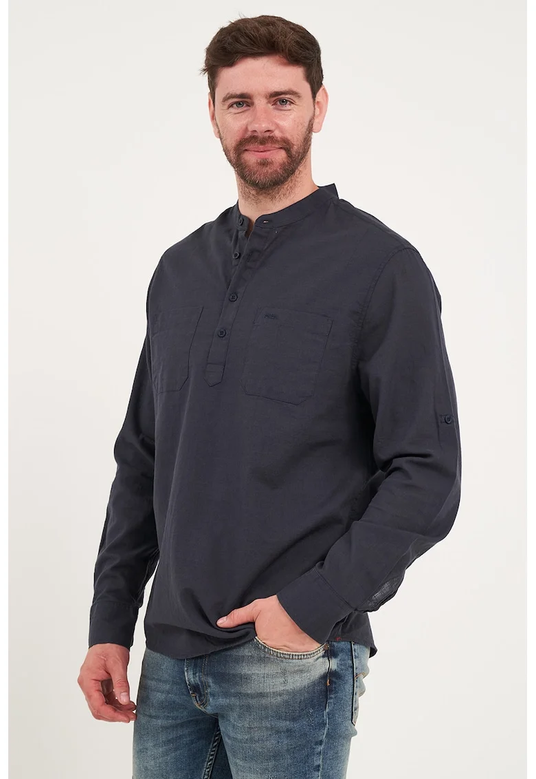 Bluza cu guler henley si buzunare pe piept, Negru stins